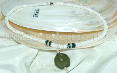Shell Heishe Necklace with lumbang kukui nut olive green